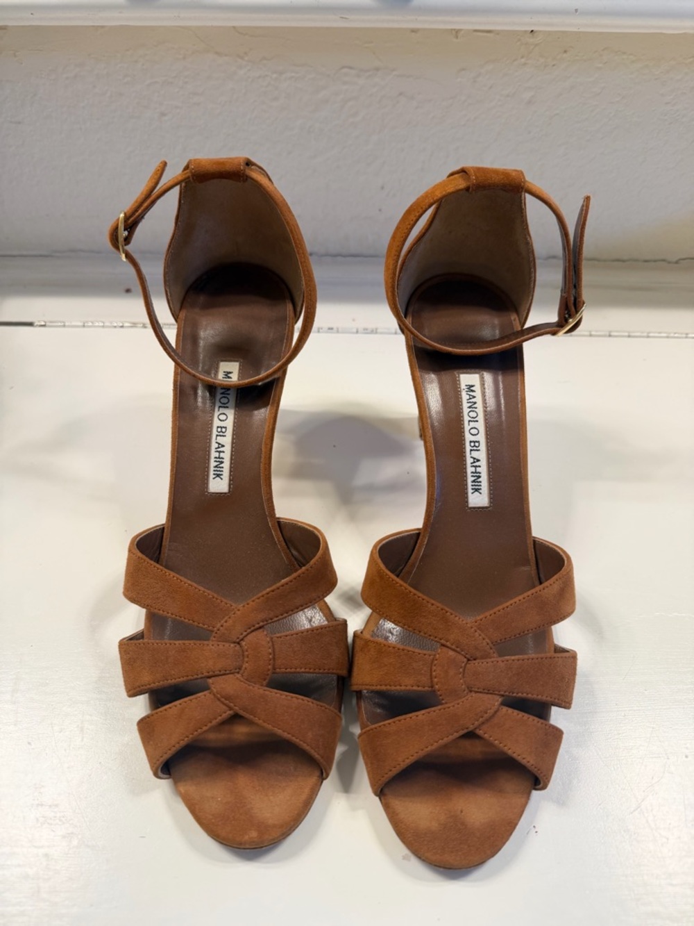 Manolo Blahnik Tan Suede Strappy Ankle‑Strap Heels